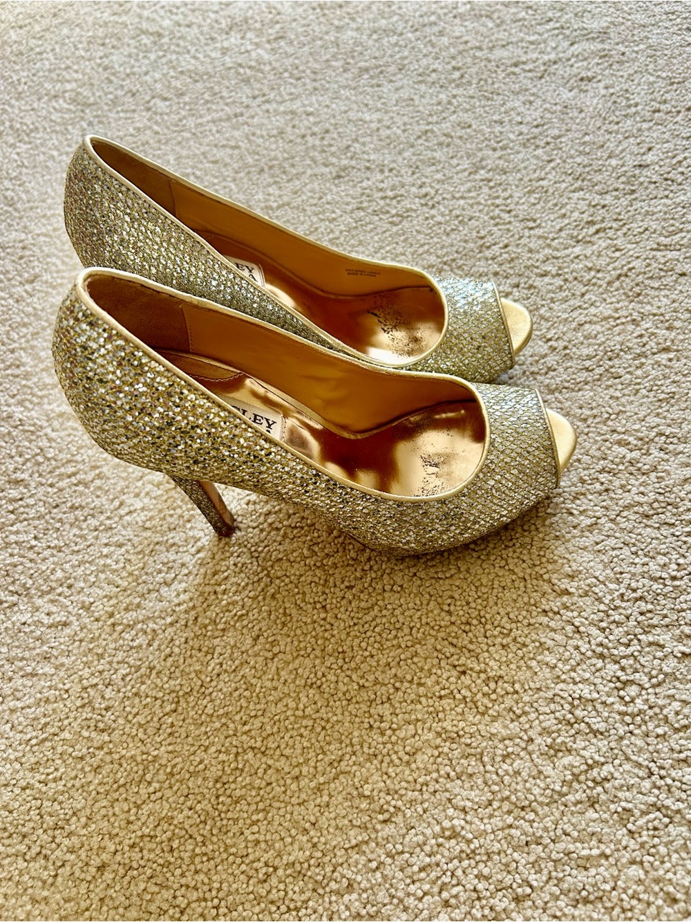Badgley Mischka Gold Crystal Peep-Toe Heels